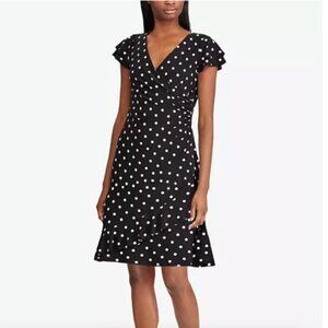 EUC Ralph Lauren Black/White Dotted V-Neck Ruched Ruffle Dress in Women's 14